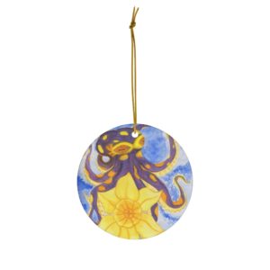 Purple Octopus With Daffodil Round Ceramic Ornaments