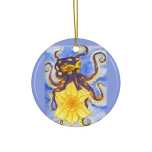 Purple Octopus With Daffodil Round Ceramic Ornaments - Unique Holiday Gift