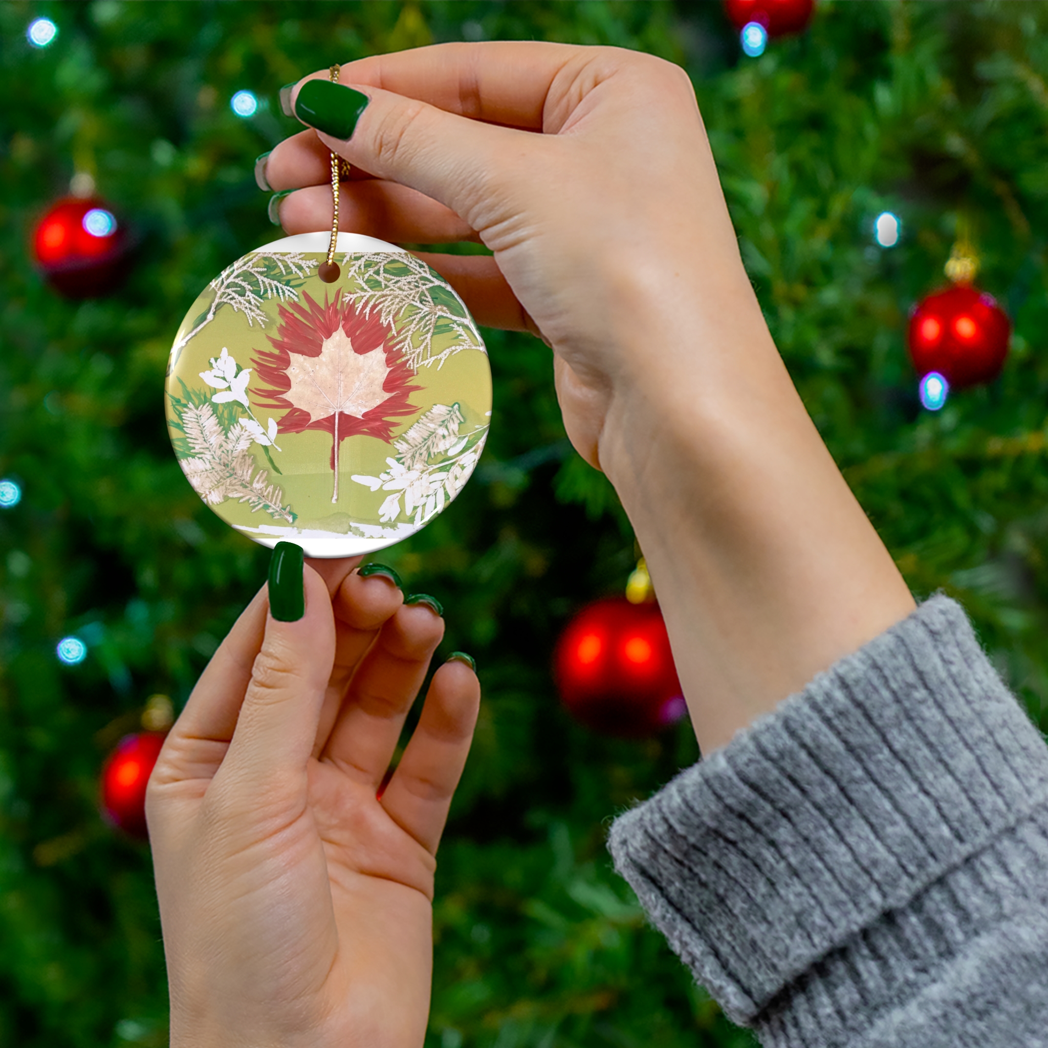 Colorful Leaf Round Ceramic Ornaments - Unique Holiday Decor Gift | Unique Gift Idea - Image 3