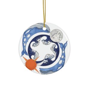 The Moon and The Sun Whales and Great Waves - Round Ceramic Ornament for Holiday Cheer